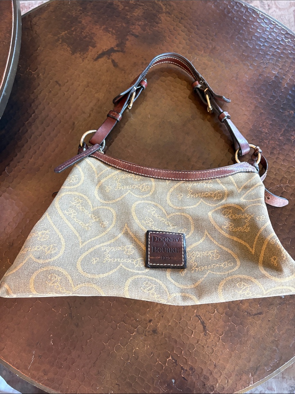 Vintage Dooney & Bourke Heart Monogram Leather Hobo Bag Beige Brown